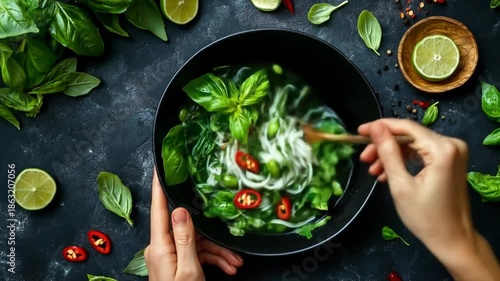 Wallpaper Mural Freshly prepared culinary dish with herbs and vegetables on dark surface Torontodigital.ca