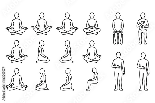 Meditation yoga pose silhouette vector set, mindful sitting and standing human figures, wellness posture icons, minimal line art illustration