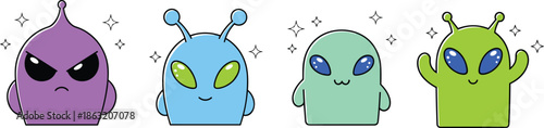Cartoon Alien Character Set with Colorful Expressions and Antennae for Fantasy, Sci-Fi, and Whimsical Design Themes