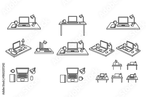 Office desk workspace outline vector set, laptop table lamp stationery icons, home office setup, minimal line illustration collection