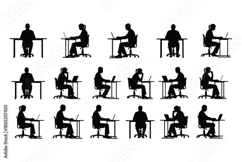 Office worker silhouette vector set, business people working on laptop, seated desk poses, corporate workplace illustration collection