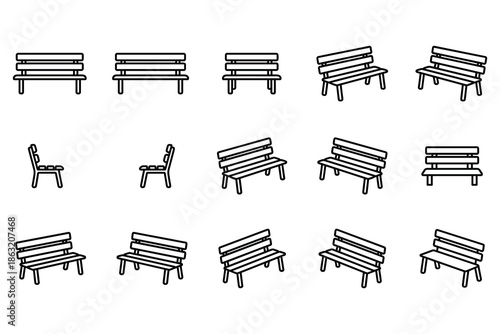 Outline bench and chair icon set, park seating furniture symbols, wooden bench variations, minimal black line vector collection