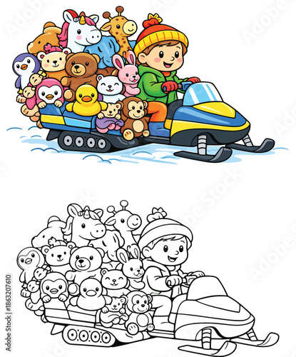 A cute cartoon youngster with a stack of stuffed animal toys is operating a snowmobile  vector illustration with black and white outline for coloring book