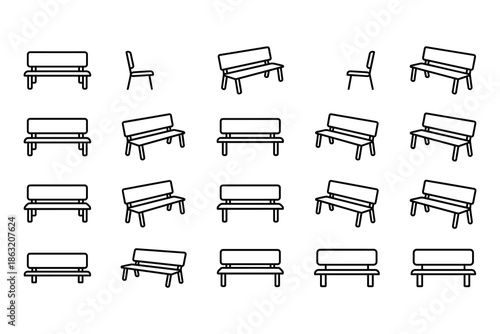 Park bench silhouette vector set, outdoor seating furniture icons, chair and bench outline collection, minimal line design, isolated on white