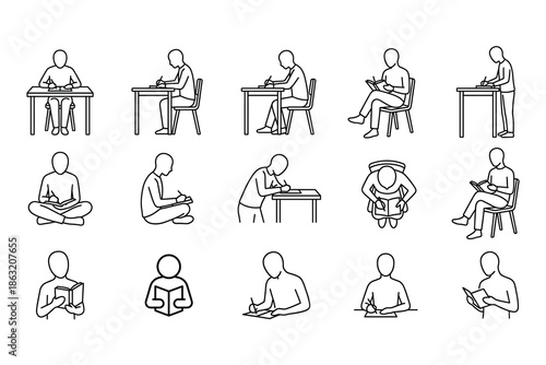 People reading and writing outline vector set, study learning poses, seated standing students, minimal line illustration collection