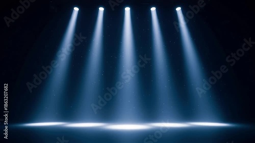 Five Vertical Spotlights on Minimalist Dark Blue Background, Empty Studio Stage with Subtle Particles.