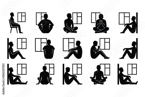 People sitting by window silhouette vector set, calm indoor poses, meditation thinking figures, black shadow illustration collection