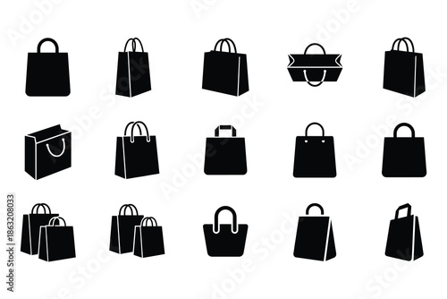 Shopping bag silhouette icons vector set, black retail paper bags collection, ecommerce packaging symbols, minimal flat design