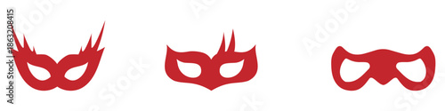 Red carnival masks in various designs on white background