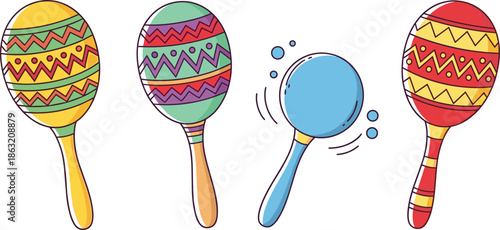 Colorful Maracas Illustration Set Featuring Latin Percussion Instruments with Zigzag Patterns and Motion Effects for Music Design Themes