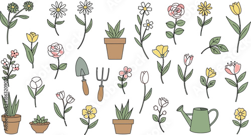 Gardening tools and colorful flowers illustration