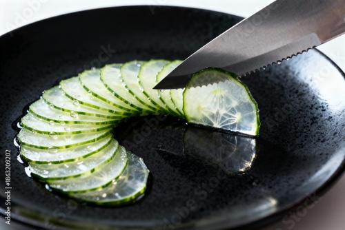 Close-up of professional cucumber slicing