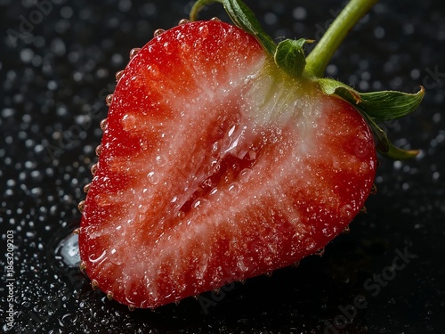Close-up of half a fresh strawberry with water droplets