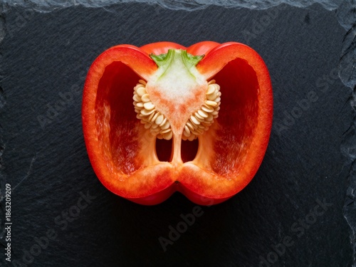 Half of a fresh pepper close-up on a dark background, flat lay, studio lighting