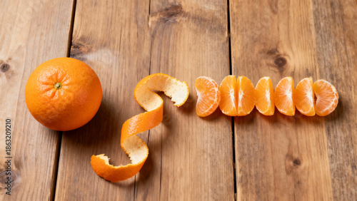 A tangerine and tangerine slices lying on a wooden table