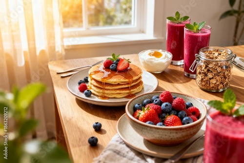A gluten-free breakfast in a cozy kitchen. Soft morning light, shallow depth of field.