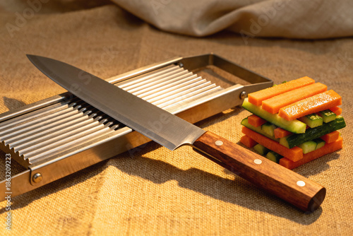A composition of a knife, a steel mandoline, and a stack of identical carrot and cucumber sticks on textured linen canvas