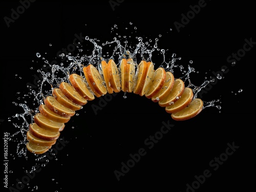 orange slices in splashes of water frozen in the air