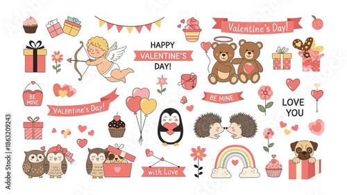 Valentine's Day Elements: a collection of charming illustrations and festive ornaments ideal for cards, gifts, and all things celebrating love and affection. 