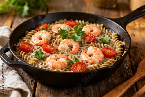 Gluten-free lentil pasta with shrimp and cherry tomatoes