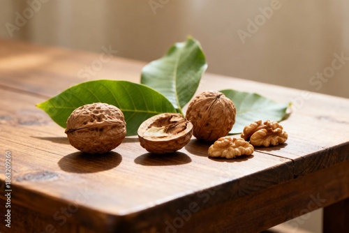 Still life with walnuts on a wooden table. Soft daylight from the side.