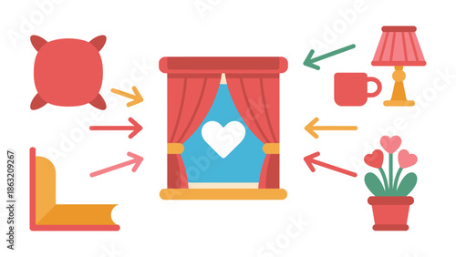 Cozy Home: A charming illustration depicts a cozy room scene. A window with heart-shaped design opens up a view of the outdoors, surrounded by a pillow, a book, a lamp, a mug, and a plant.