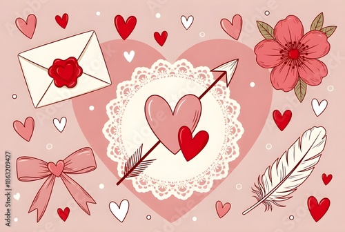 A collection of vintage-style Valentine icons including a sealed letter, arrow, and flower.