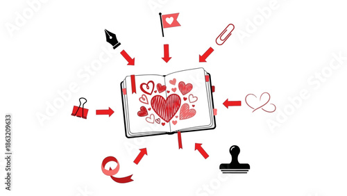 Love Notes: A sketchbook bursting with expressions of affection, surrounded by pens, flags and ribbons, a testament to the art of love and self-expression.