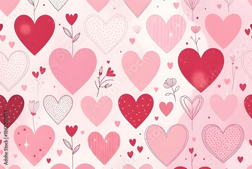 Hand-drawn red and pink hearts mixed with whimsical flowers on a soft background.