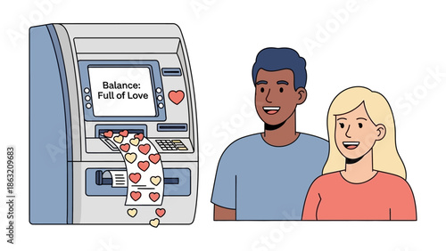 Financial Affection: A couple receives a statement of hearts from an ATM, conveying a message of love and affection. A creative concept representing financial well-being and emotional connection.