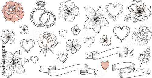 Romantic floral and heart illustrations with ribbons and jewelry