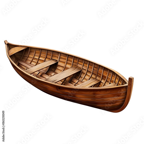 Wooden Rowboat with Curved Hull, Ribbed Interior, and Three Crosswise Seats on White Background
