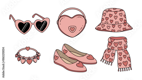 Valentine's Day Fashion Essentials: An array of adorable heart-themed accessories. A pair of sunglasses, purse, bucket hat, necklace, shoes, and a scarf.