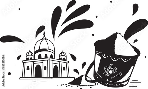 Indian monument and overflowing pot of colored powder for Holi festival asia black and white