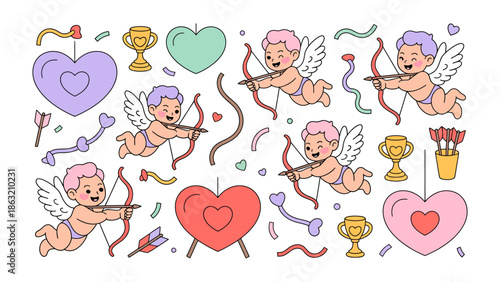 Cherubs and Hearts: An artful collage of cherubs, each brandishing a bow and arrow, amidst a constellation of hearts and trophies, perfect for Valentine's Day.