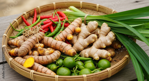 Fresh organic ginger, turmeric, chili peppers, kaffir lime leaves, and pandan leaves in a woven basket on a rustic wooden table. Ingredients for cooking and herbal remedies.