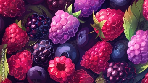 Berry colorful background of blueberries, blackberries and raspberries, strawberries.