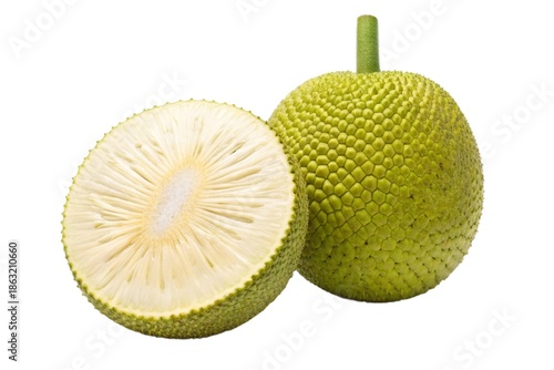 Jackfruit displaying its interior and exterior isolated on white background