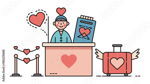 Love Travels: a heartwarming illustration featuring a welcoming information desk, a luggage with wings, surrounded by hearts. conveying the warmth of travel and the essence of love.