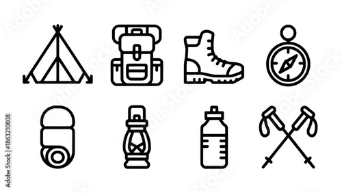 Camping gear icon set: teepee tent, backpack, hiking boot, compass, sleeping mat, lantern, water bottle, trekking poles in minimalist vector style
