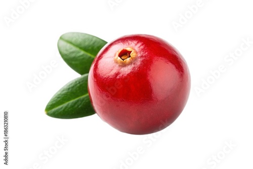 Single red pomegranate with leaves isolated on white background