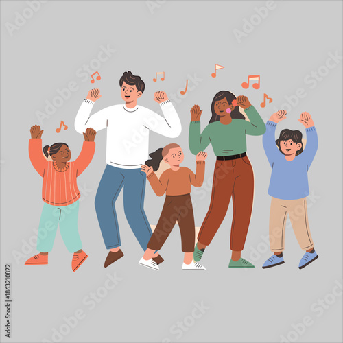 Lively diverse group of adults and children enthusiastically dancing with musical symbols