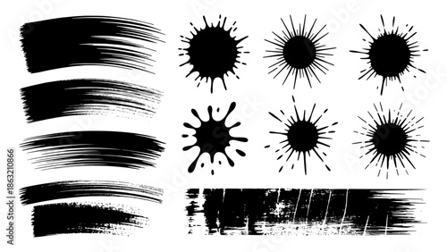 Set of black brush strokes and ink splatter SVG elements for graphic design, grunge textures, ink blotches, versatile vector textures for posters