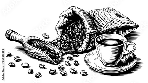 Black and white ink still life: burlap coffee bag spilling beans, a wooden scoop, scattered beans, and a cup on a saucer in vintage sketch style