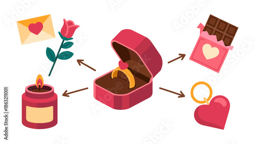 Valentine's Day essentials: A beautifully arranged collection of romantic symbols, from a glowing candle and blossoming rose to an engagement ring and a box of chocolates.