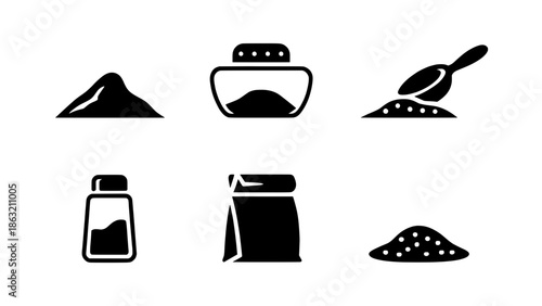 Six black vector icons of salt and spice containers: salt mound, salt shaker, powder scoop, spice bag, bottle, and flour mound in outline flat design