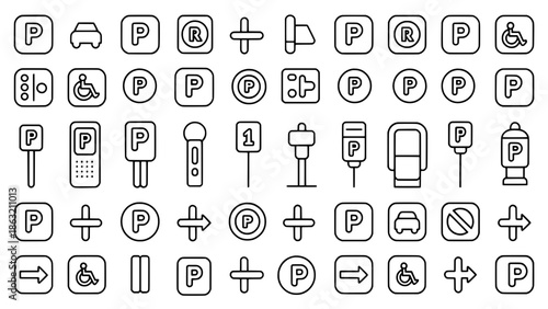 Collection of black outline parking signs in a vector style featuring P symbols, cars, handicapped icons, arrows and accessibility icons