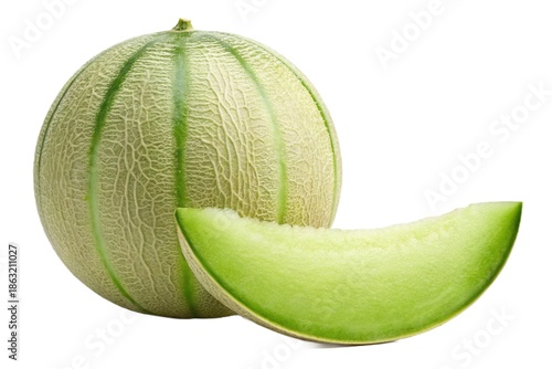Freshly cut honeydew melon isolated on white background