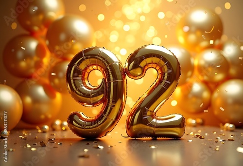 Golden balloons in the shape of the number 92 on a festive golden background	