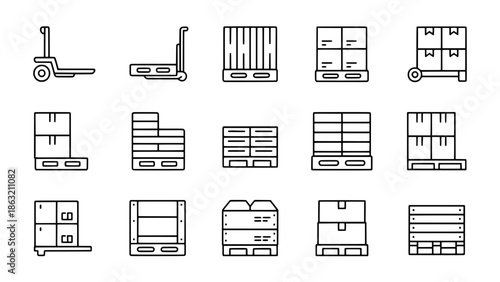 Line art icons of forklifts, pallet jacks, and stacked crates on pallets for warehouse logistics and storage illustration set